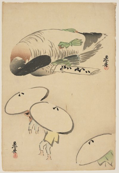 Pheasant Three men with umbrellas by Shibata Zeshin